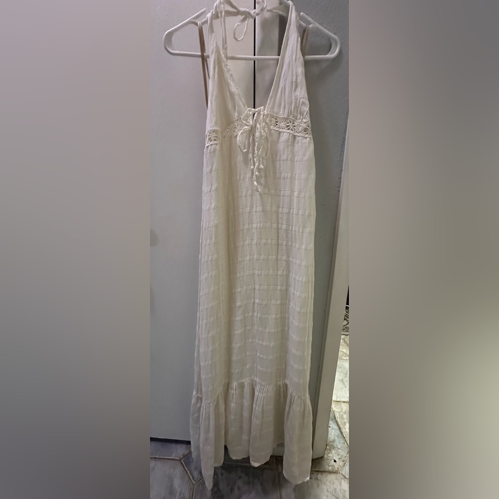 Ella Moss Long White Linen Maxi Halter Summer Dress Lace Detail Size 4 - Picture 6 of 11